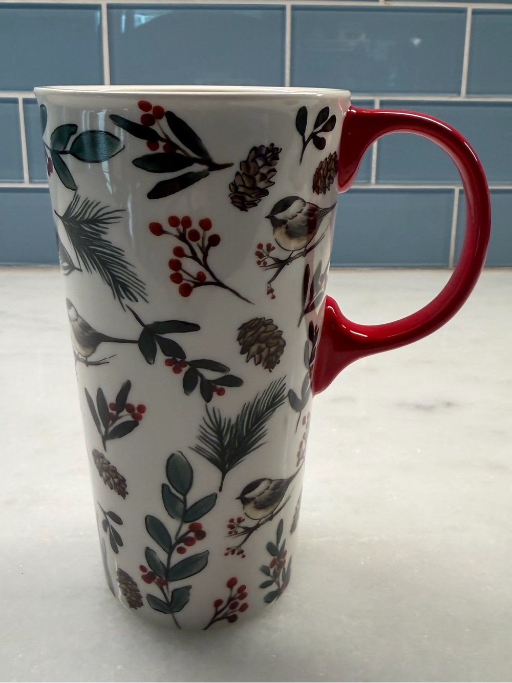 Evergreen Winter Birds Pinecones Berries Tall Ceramic Mug Red Handle 6” Holiday